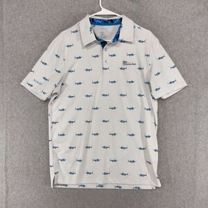 Scales Polo Shirt Mens Size S Blue White Swordfish Sailing Short Sleeve Stretch